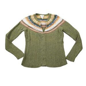 Tiara International Green Fair Isle Cable Knit Zip Up Cardigan Sweater Small